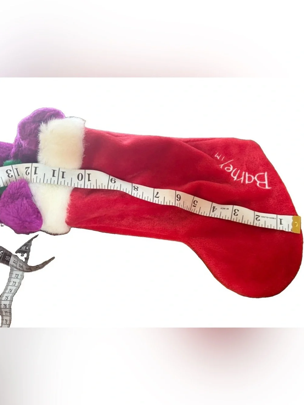 Barney Holiday Plush with Santa Hat and Red Stocking